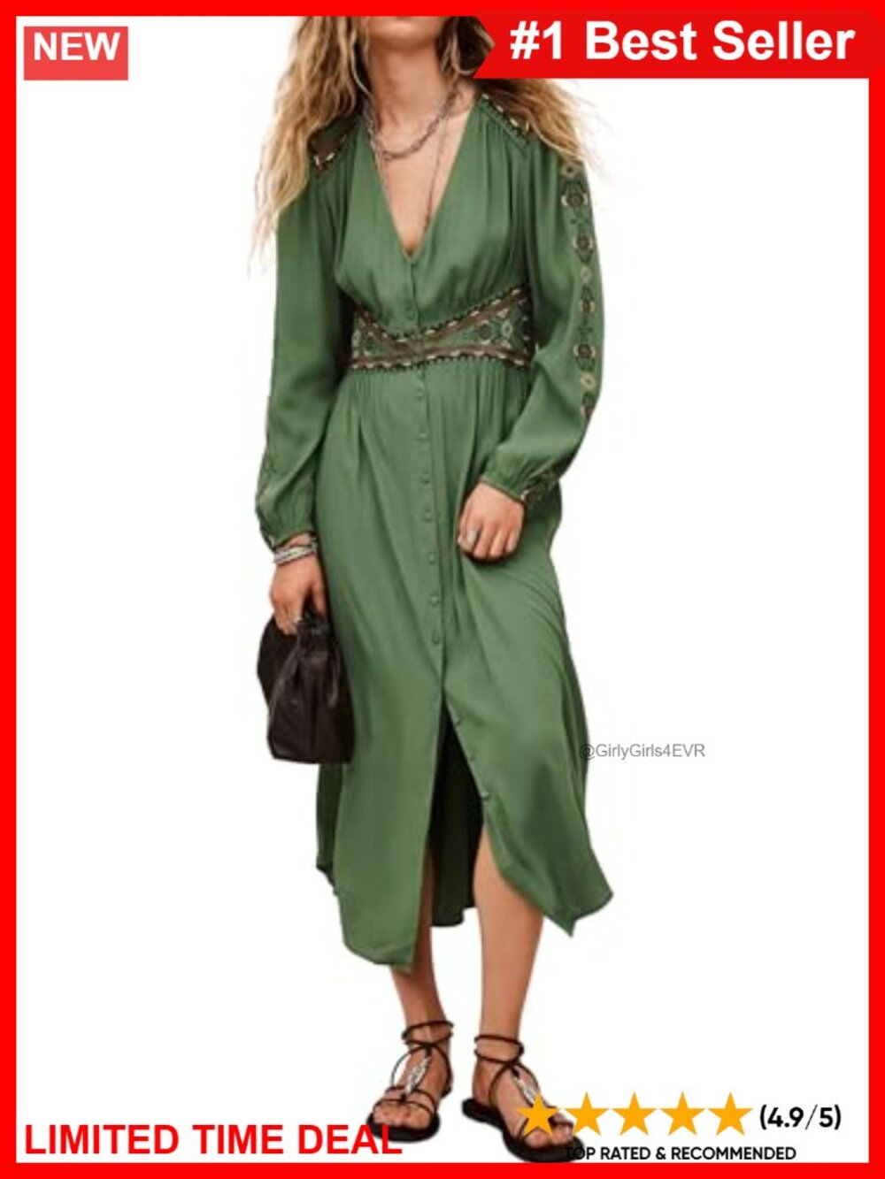 Ba&sh Tina Midi Dress V-Neck Empire Waist Long Bishop Sleeve